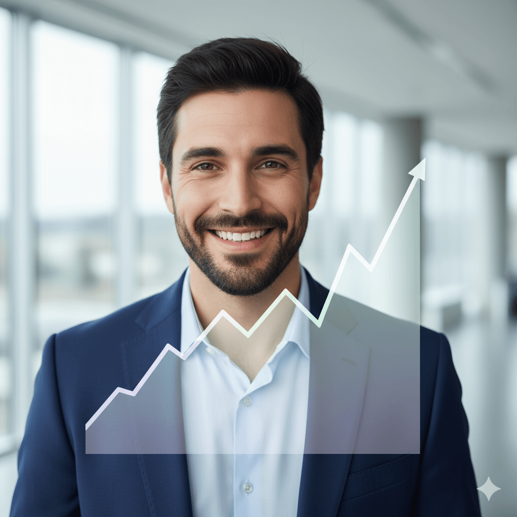 Empresario sonriente viendo grafica ascendente